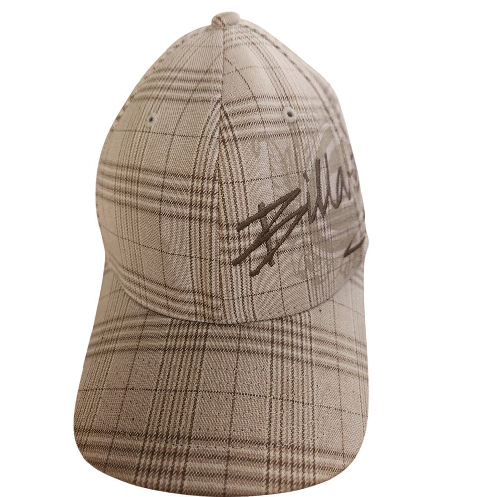 Billabong Plaid Flexfit Hat S/M Beige Brown Embroidered Logo Baseball Cap Y2K